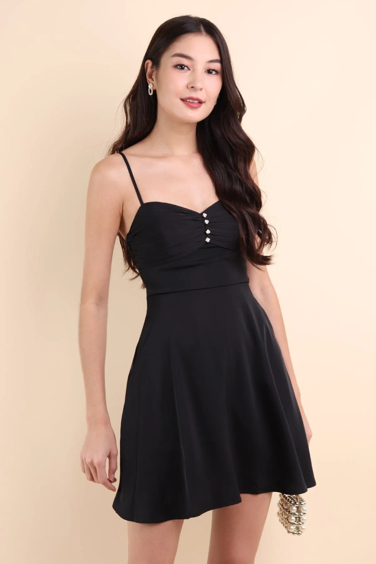 ANDREA SWEETHEART PEARL BUTTONS ROMPER SPAG DRESS IN BLACK