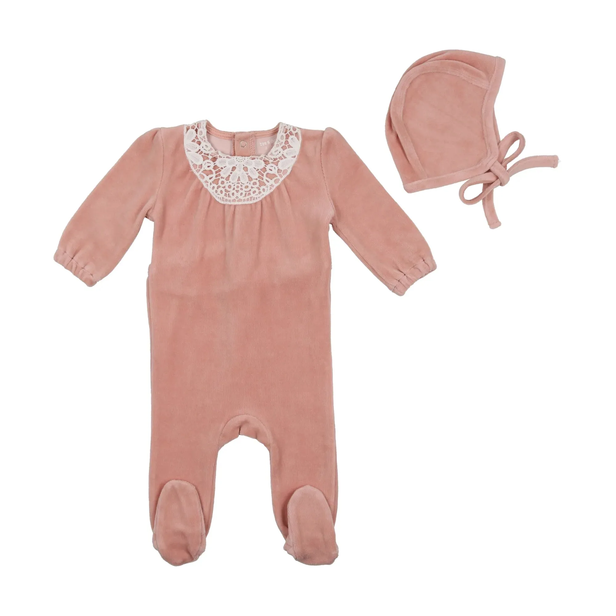 Bee & Dee Petal Pink Eyelet Velour Footie   Bonnet