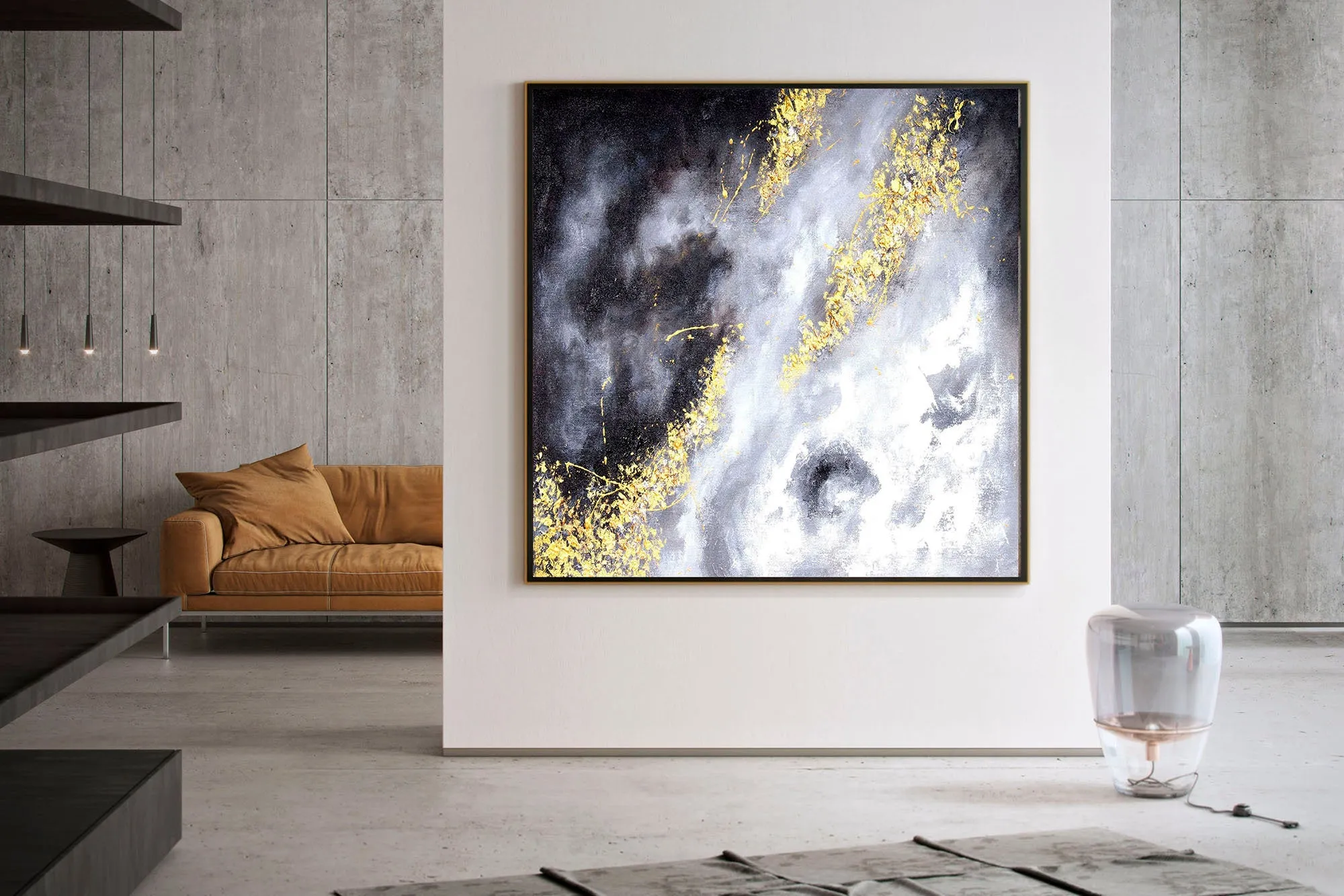 Black And White Gold Abstract Painting Textured Artwork Kp096