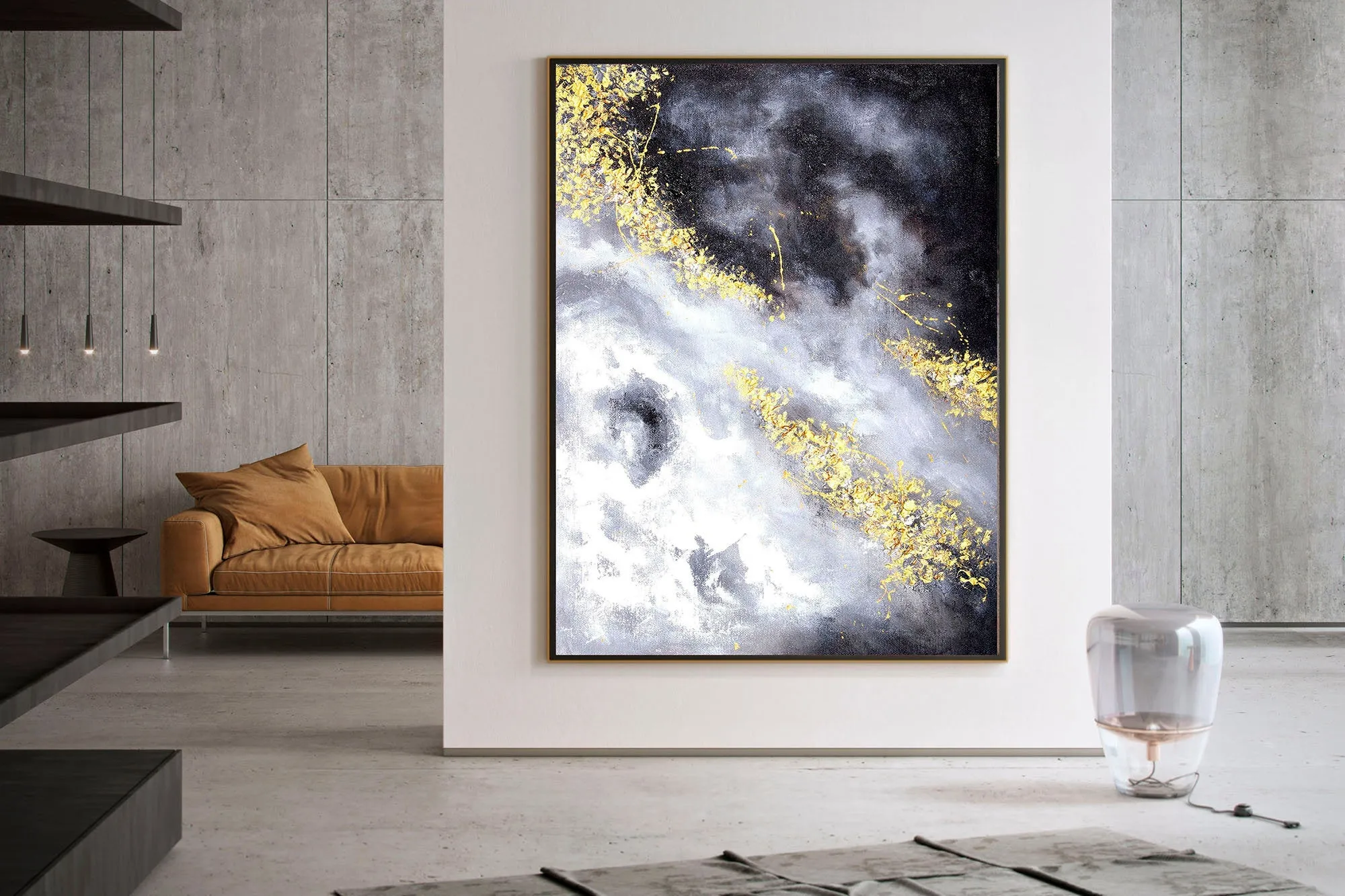 Black And White Gold Abstract Painting Textured Artwork Kp096