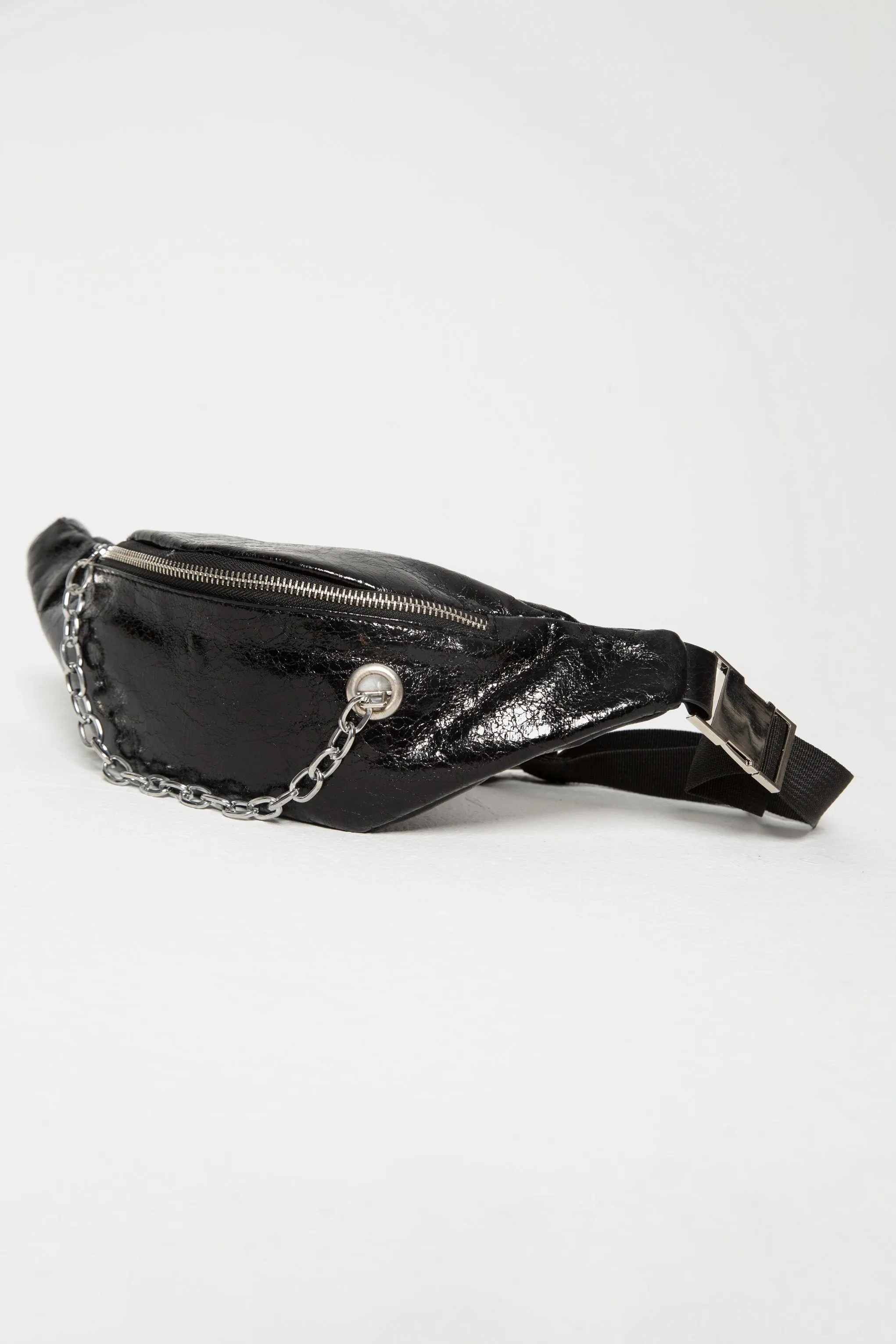 Black Faux Leather Small Chain Detail Beltbag