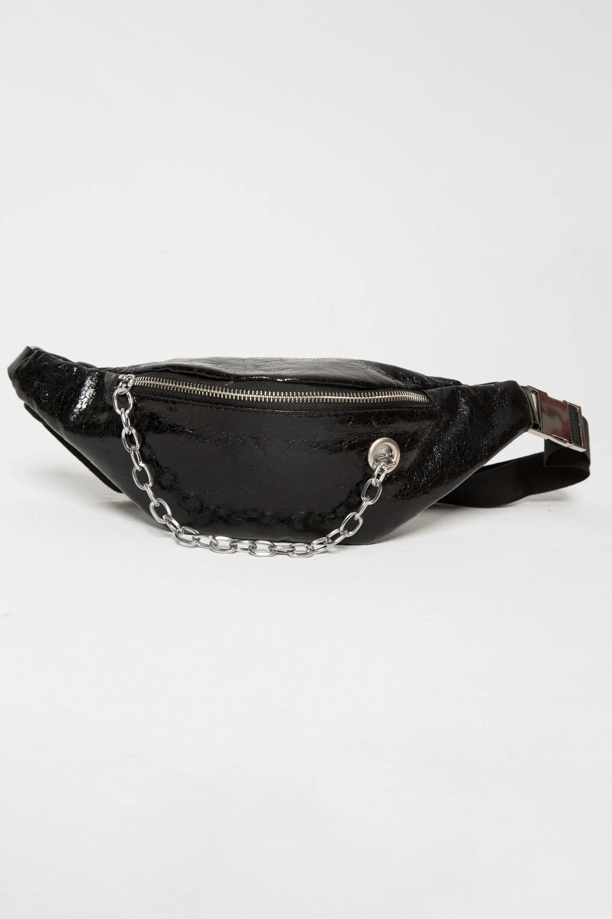 Black Faux Leather Small Chain Detail Beltbag