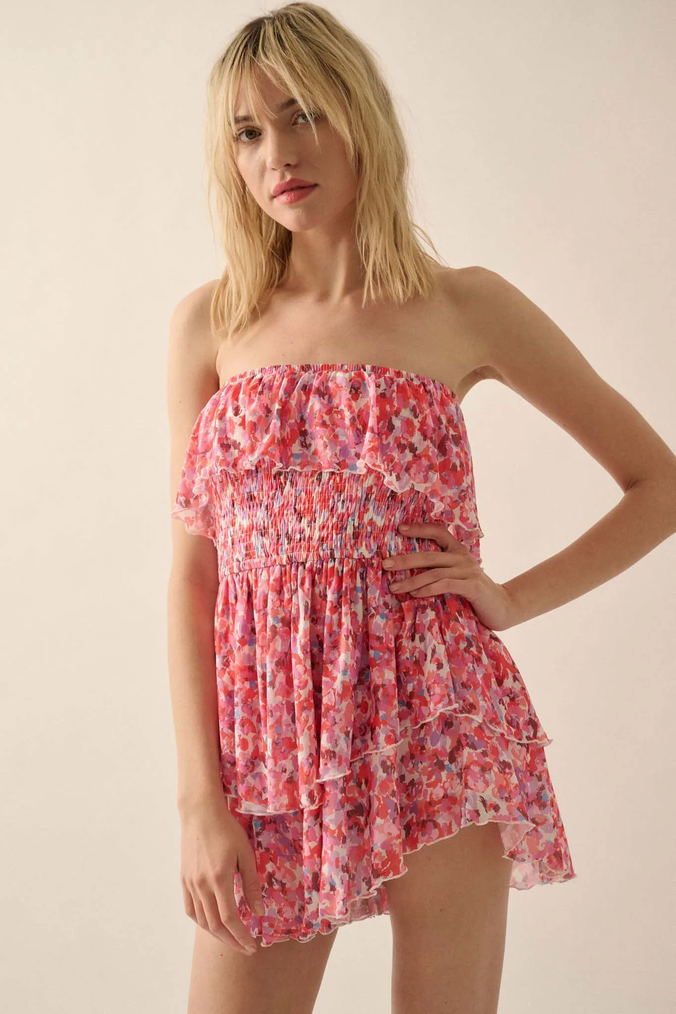 Bunches of Blooms Floral Mesh Strapless Romper