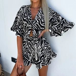 Casual V Neck Stripe Print Jumpsuit Office Lady Spring Summer Short Wide Leg Jumpsuits For Women White One Piece Rompers