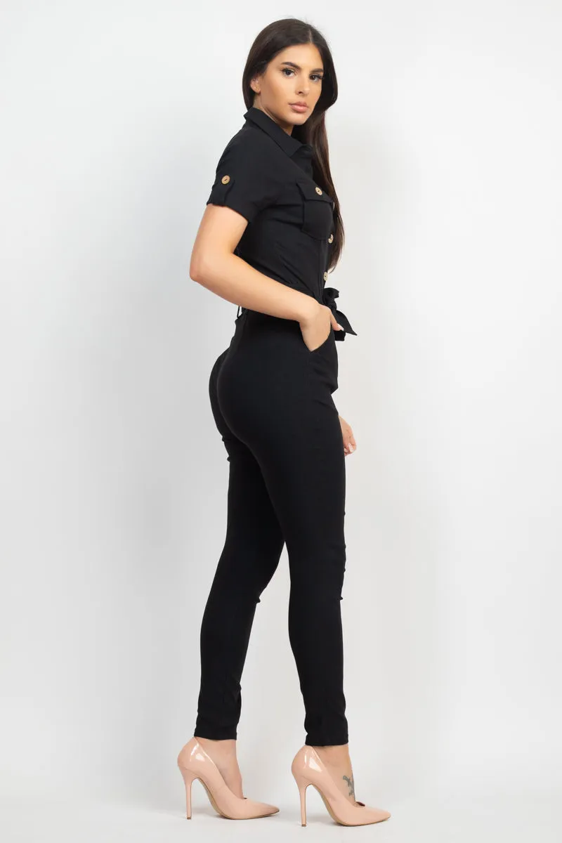 Collared Waist-tie Buttoned Jumpsuit