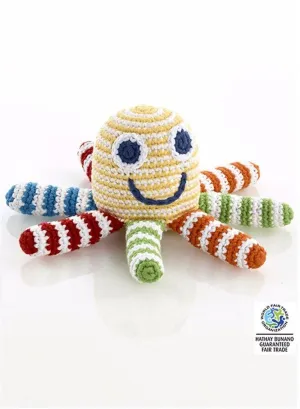 Crochet Octopus Rattle Toy - Organic, Yellow Rainbow Stripe