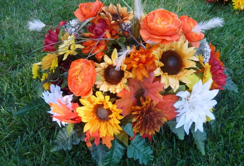 Fall Headstone Spray, Cemetery flowers, Memorial Flowers