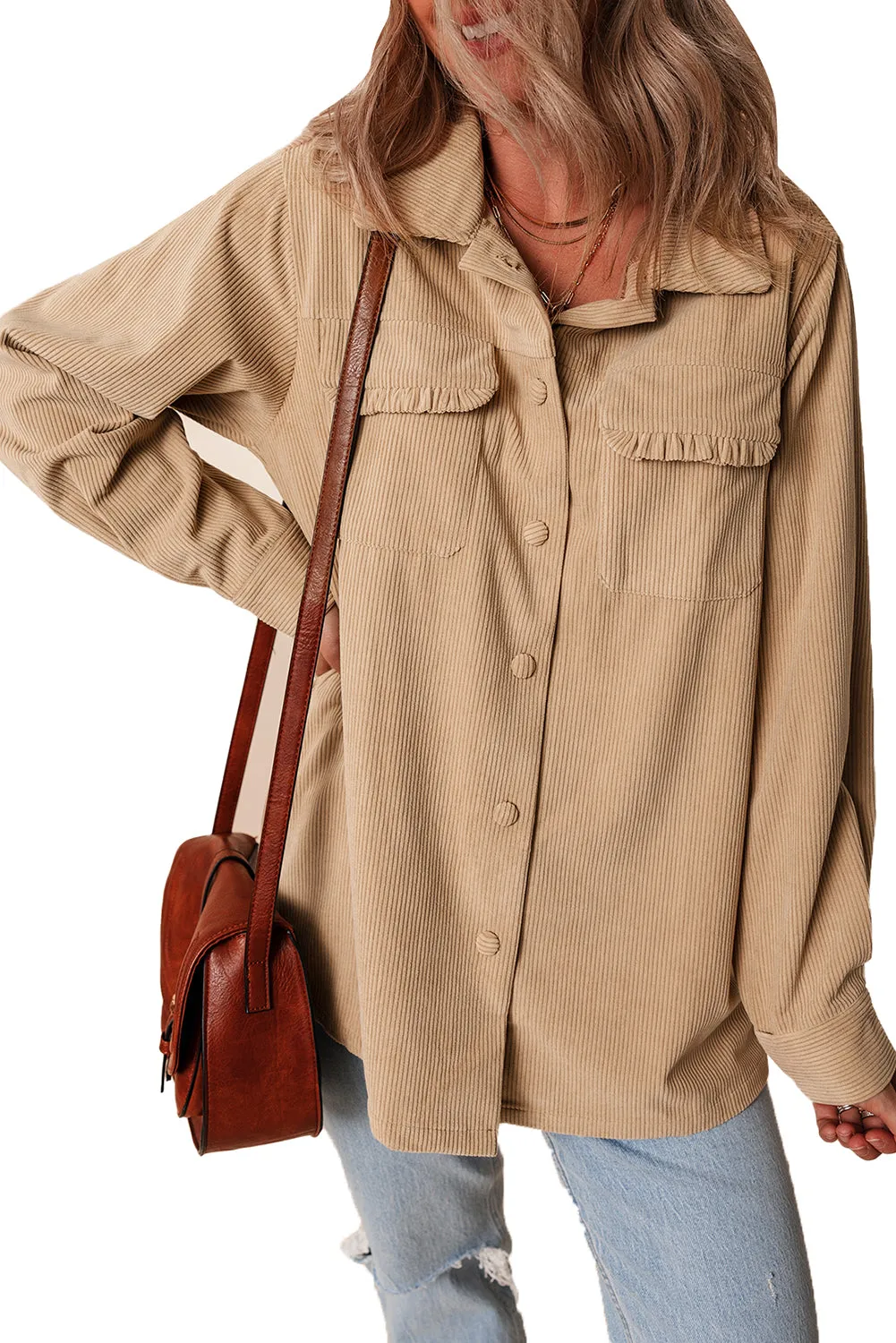 Frilled Flap Pocket Corduroy Shacket