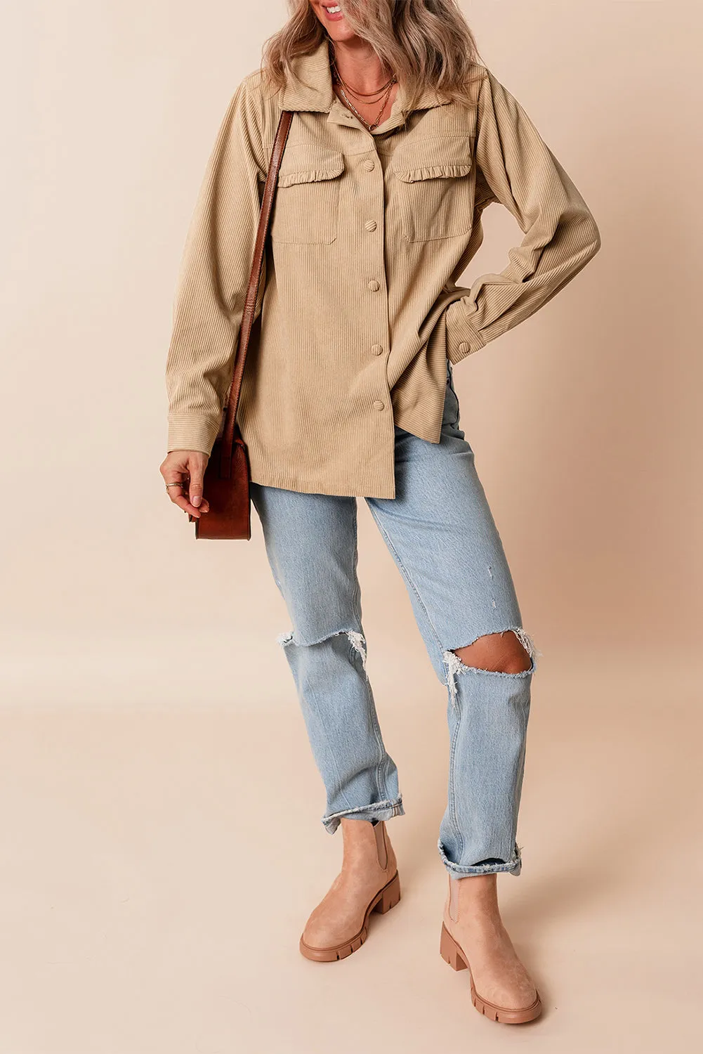 Frilled Flap Pocket Corduroy Shacket