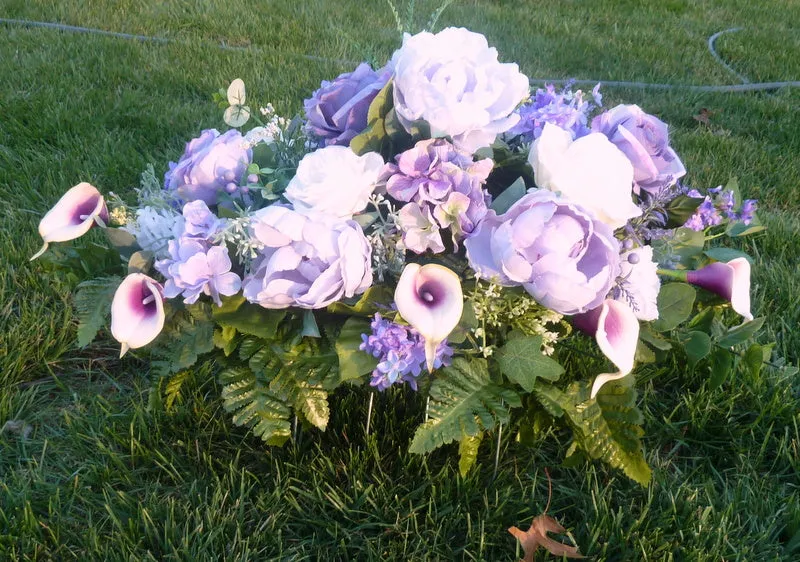 Grave site spray in Lavender, Purple and white, memorial flowers