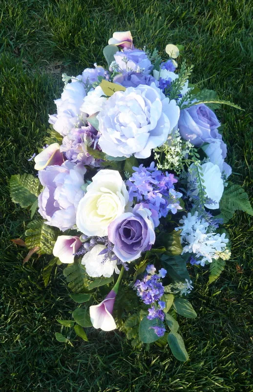 Grave site spray in Lavender, Purple and white, memorial flowers