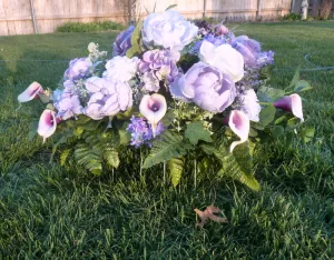 Grave site spray in Lavender, Purple and white, memorial flowers