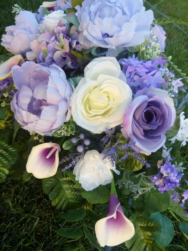 Grave site spray in Lavender, Purple and white, memorial flowers