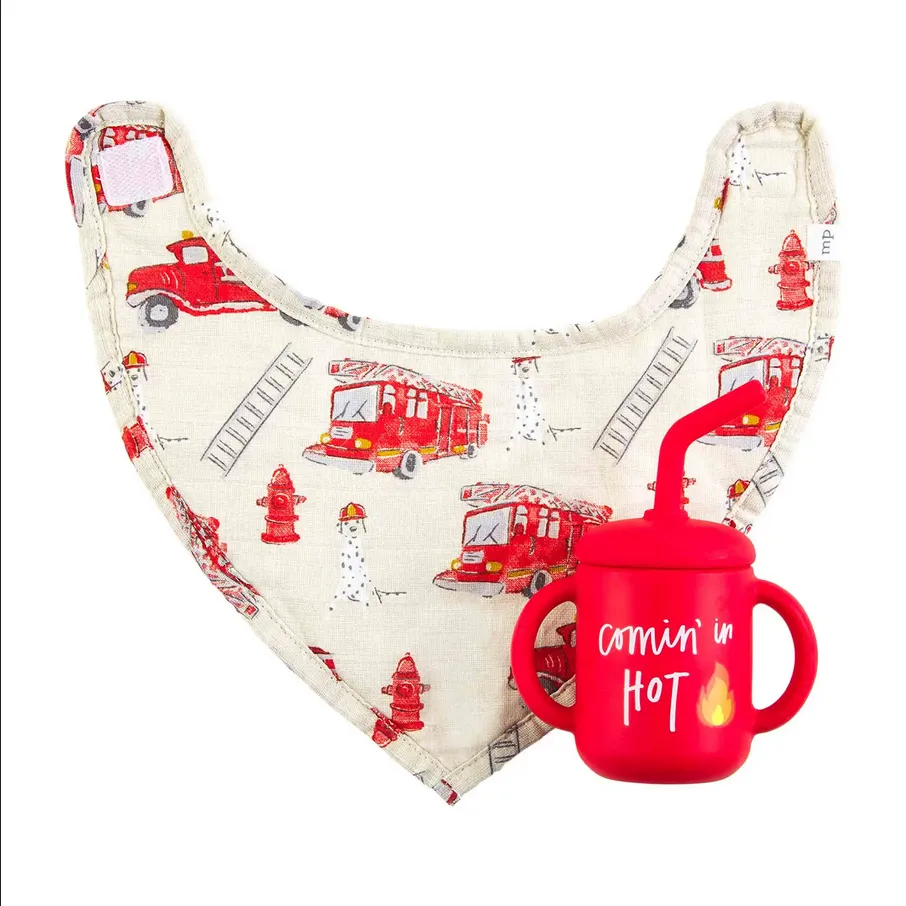 Mudpie Firetruck Silicone Cup and Bib Set