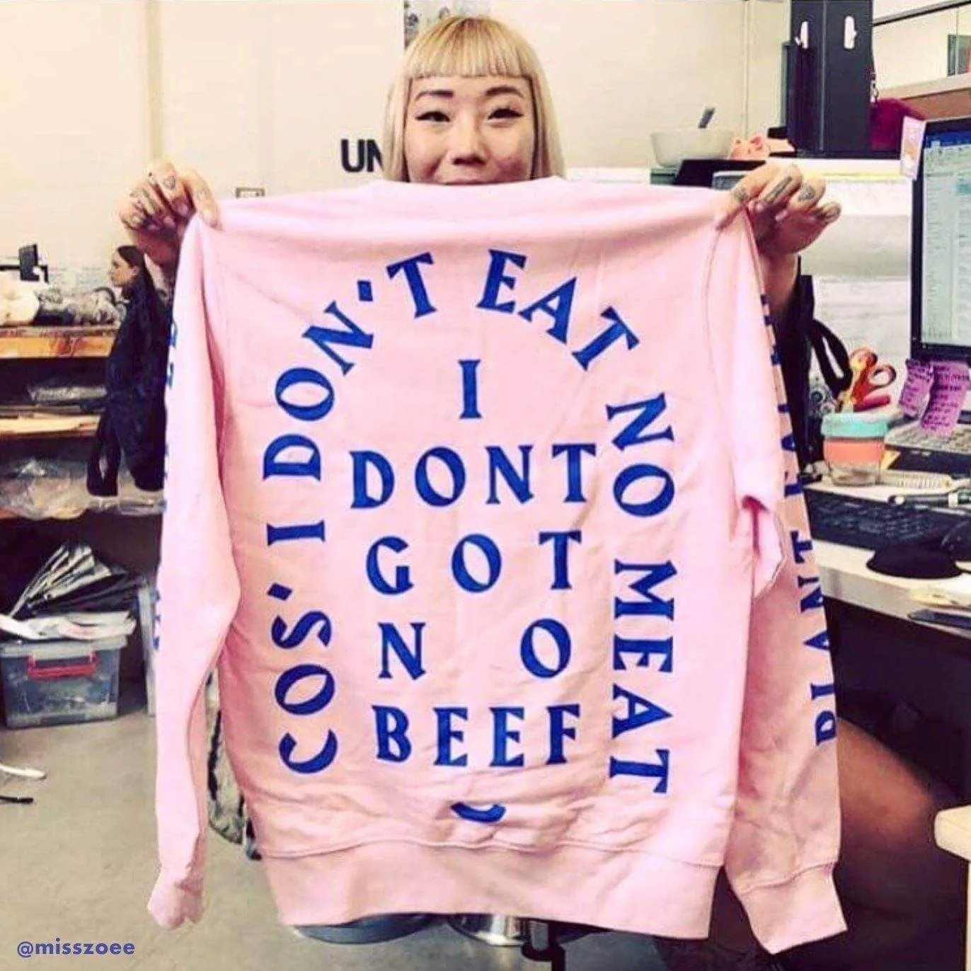 No Beef Sweater - Baby Pink x Electric Blue