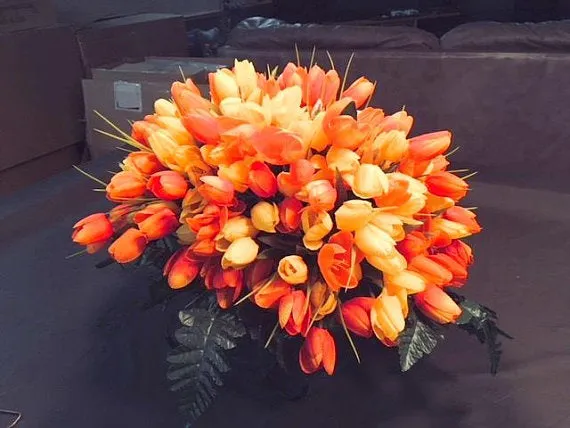 Orange and Yellow Mini Tulip Memorial Spray, Cemetery flowers