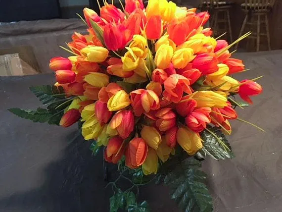 Orange and Yellow Mini Tulip Memorial Spray, Cemetery flowers