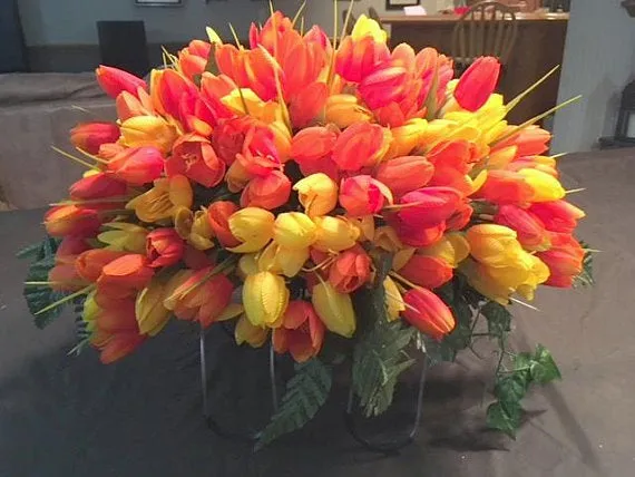 Orange and Yellow Mini Tulip Memorial Spray, Cemetery flowers