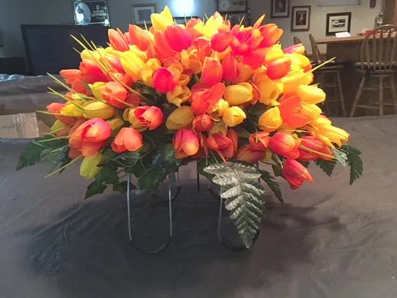 Orange and Yellow Mini Tulip Memorial Spray, Cemetery flowers