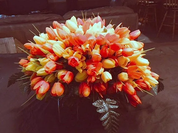 Orange and Yellow Mini Tulip Memorial Spray, Cemetery flowers