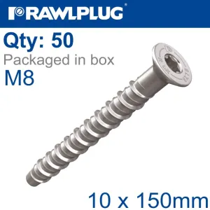 RAWLPLUG CONCRETE SCREWBOLT M8 10X150MM CSK HEAD ZINC BOX OF 50 RAW R-LX-08X150-CS-ZP