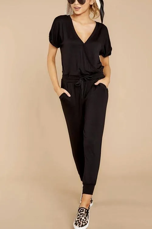 V Neck Short Sleeve Tie Waist Solid Jumpsuit