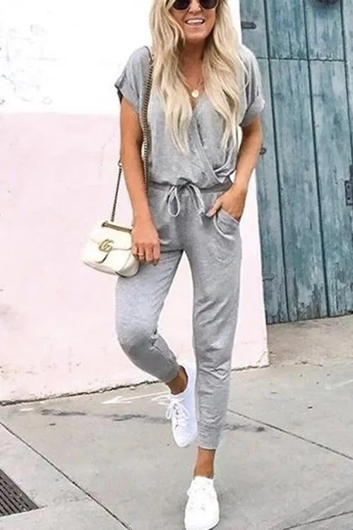 V Neck Short Sleeve Tie Waist Solid Jumpsuit