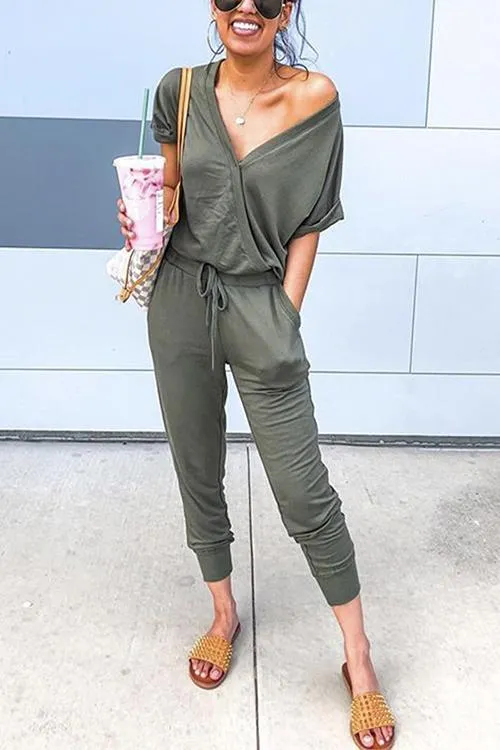 V Neck Short Sleeve Tie Waist Solid Jumpsuit